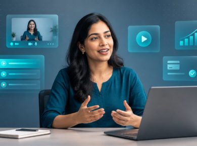 Indian teacher taking classes online on a laptop surrounded by icons for live classes, online courses, video creation, student growth and online payments