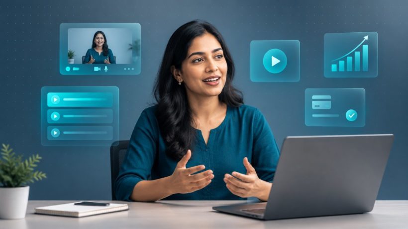 Indian teacher taking classes online on a laptop surrounded by icons for live classes, online courses, video creation, student growth and online payments