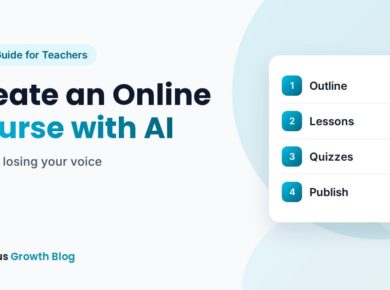 Teacher using an AI assistant on a laptop to build an online course outline, with lesson cards and a quiz on screen