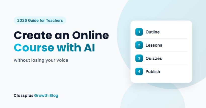 Teacher using an AI assistant on a laptop to build an online course outline, with lesson cards and a quiz on screen