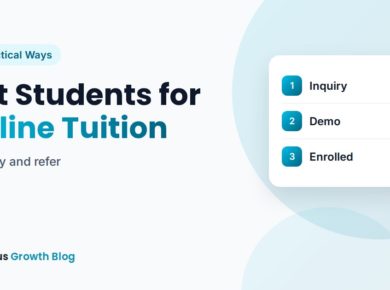 Online tutor on a video call with a student while inquiry and enrolment notifications appear on a phone