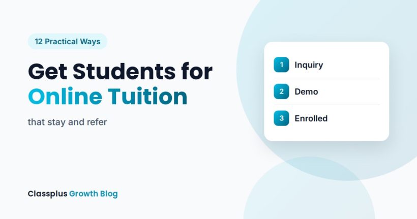Online tutor on a video call with a student while inquiry and enrolment notifications appear on a phone