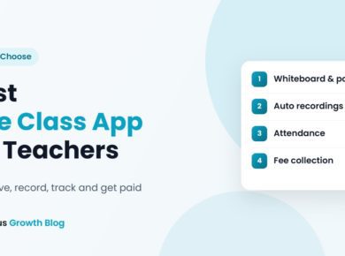 Live class app for teachers showing key features: whiteboard and polls, automatic recordings, attendance and fee collection