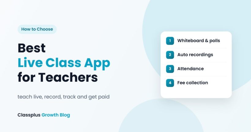 Live class app for teachers showing key features: whiteboard and polls, automatic recordings, attendance and fee collection