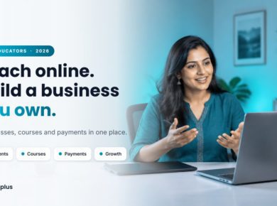 Indian teacher taking an online class on a laptop while building her own online teaching business with live classes, courses and payments