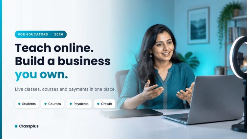 Indian teacher taking an online class on a laptop while building her own online teaching business with live classes, courses and payments