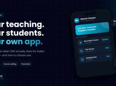 Indian educator using a white-label LMS with a branded learning app showing live classes, courses and payments