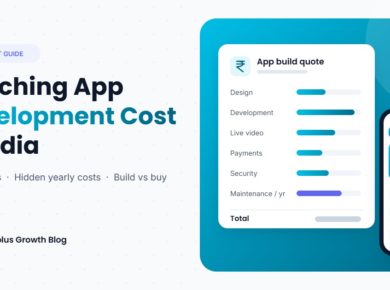 Coaching app build quote showing design, development, live video, payments, security and maintenance costs beside a branded coaching app
