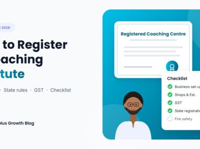 Coaching institute owner beside a registered coaching centre certificate and a registration checklist