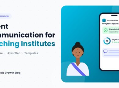 Parent reading a coaching institute progress update with attendance and test score on a phone