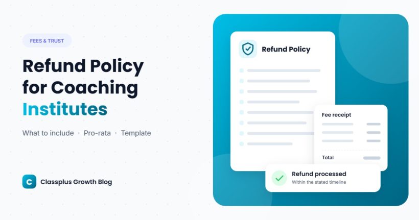 Coaching institute refund policy document with a fee receipt and a refund processed notification
