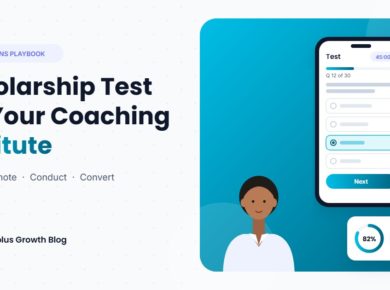 Student taking an online scholarship test for a coaching institute on a smartphone, with a result card showing a scholarship unlocked