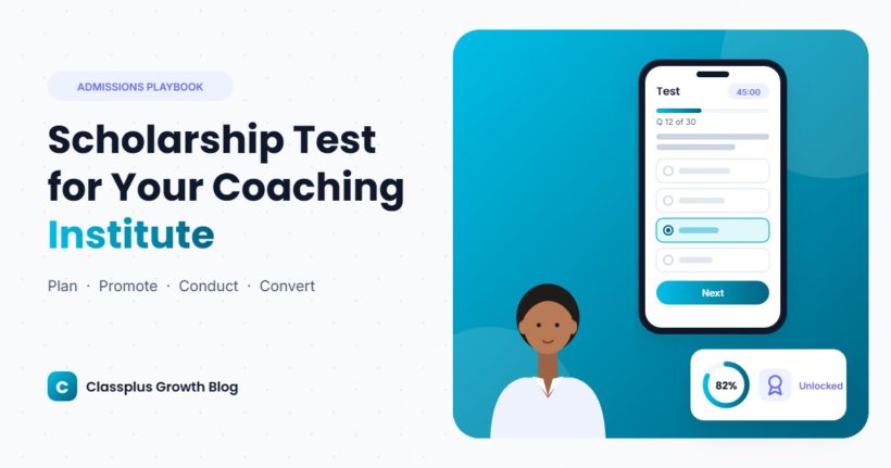 Student taking an online scholarship test for a coaching institute on a smartphone, with a result card showing a scholarship unlocked