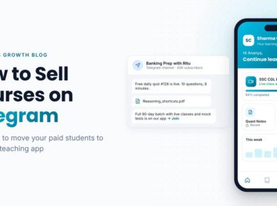 Telegram channel for a banking exam teacher next to her own branded teaching app showing live classes, secure notes and mock tests