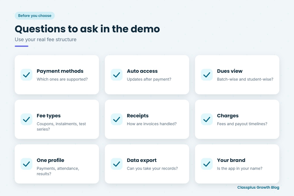 Questions to ask in a demo of a teaching app with payments and student management