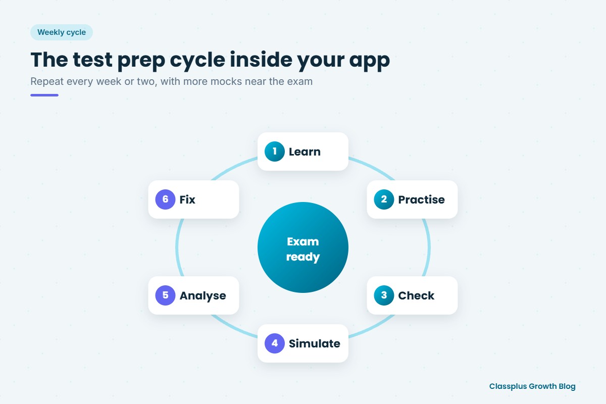 Test prep cycle inside a teaching app: learn, practise, check, simulate, analyse, fix