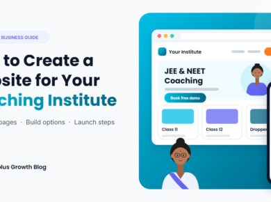 Indian coaching teacher beside a coaching institute website on a laptop and the matching branded learning app on a phone